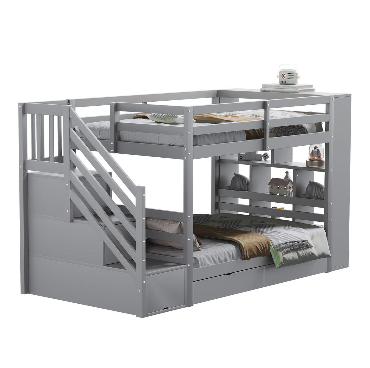ETAGENBETT aus Kiefernholz 90x200 cm Grau mit Stauraumtreppe, Schubladen und Schrank - Grau, Holzwerkstoff (90/200cm) - IVMEU