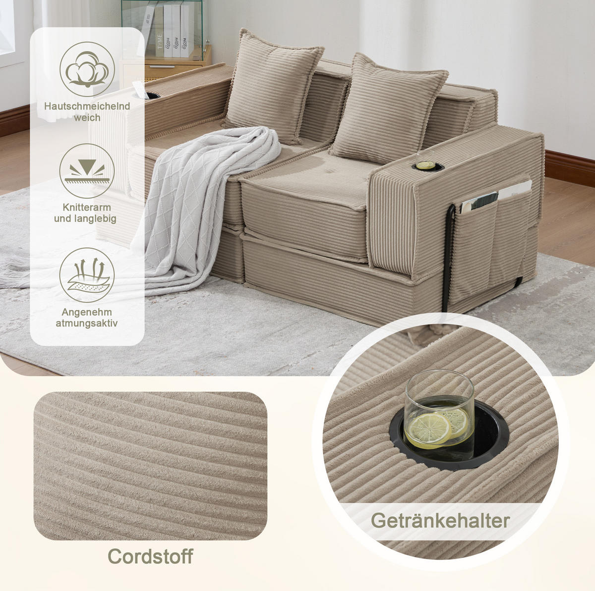 2-SITZER-SOFA 162/78/66 cm mit 2 Kissen, Seitentaschen und modularer Form, Cord Khaki - Beige, Textil (162/66/78cm) - Redom