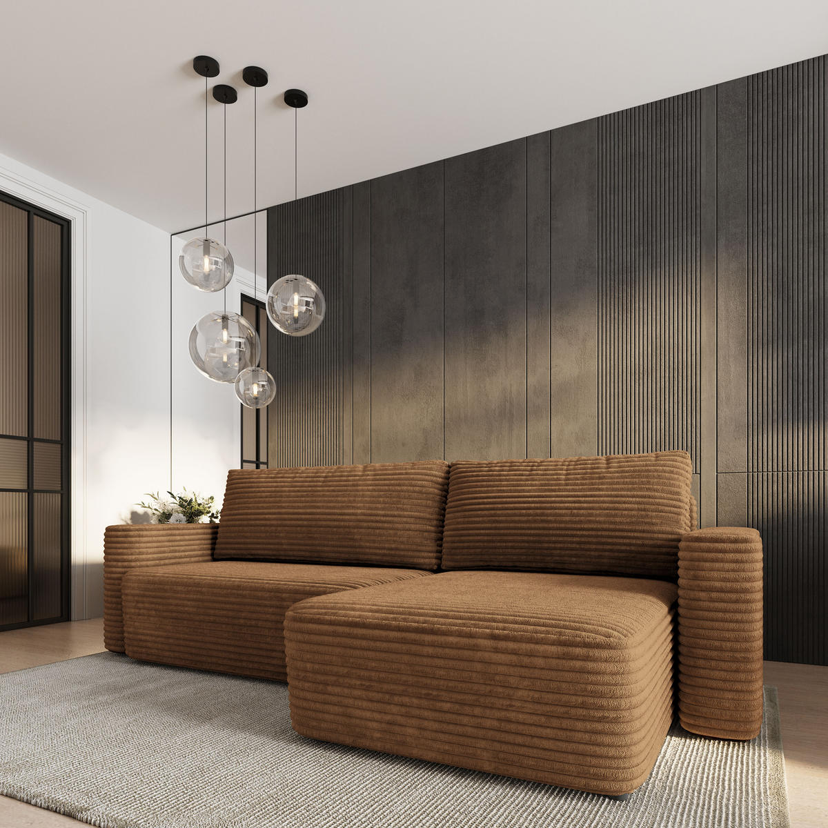 ECKSOFA TELIN Orange Kordstoff mit Schlaffunktion - Orange, Holz (280/162cm) - MASSENO