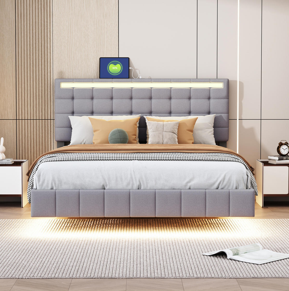 ČALÚNENÁ posteľ z MDF, kovu a ľanovej látky 140x200 cm sivá s LED osvetlením a skrytými nohami - sivá, textil (140/200cm) - Modfu