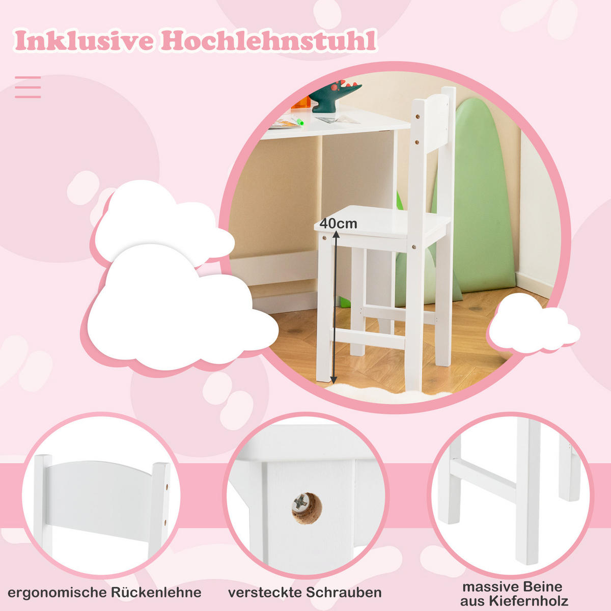 KINDERSCHREIBTISCH mit Stuhl weiß(2-tlg) - Weiß, Holzwerkstoff (90/85.5/45cm) - COSTWAY