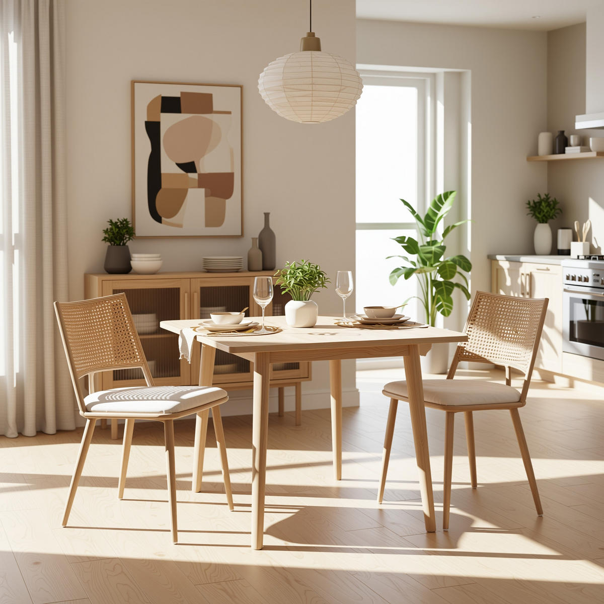 ESSZIMMERSTUHL 2er-Set PU-Sitz, Rattan-Rückenlehne, Beige - Sonoma Eiche, Naturmaterialen/Textil (50/80/56cm) - Urban Meuble