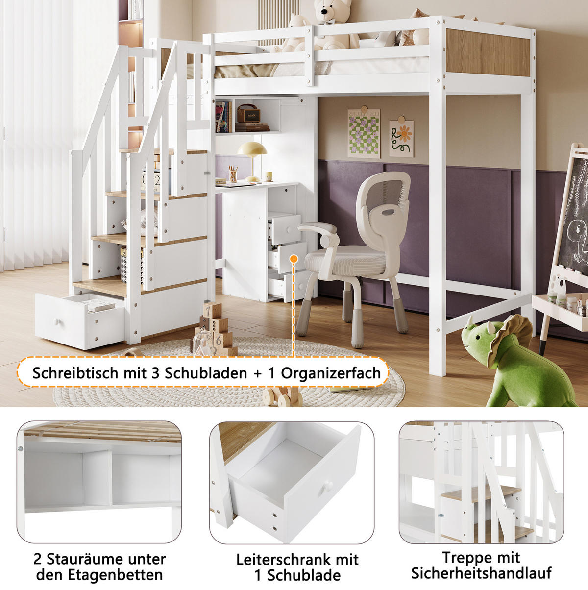 ETAGENBETT 90/200 cm Weiß/Natur mit Schreibtisch und Stauraumtreppe ohne Matratze - Weiß, Holz (90/200cm) - MIVRAY
