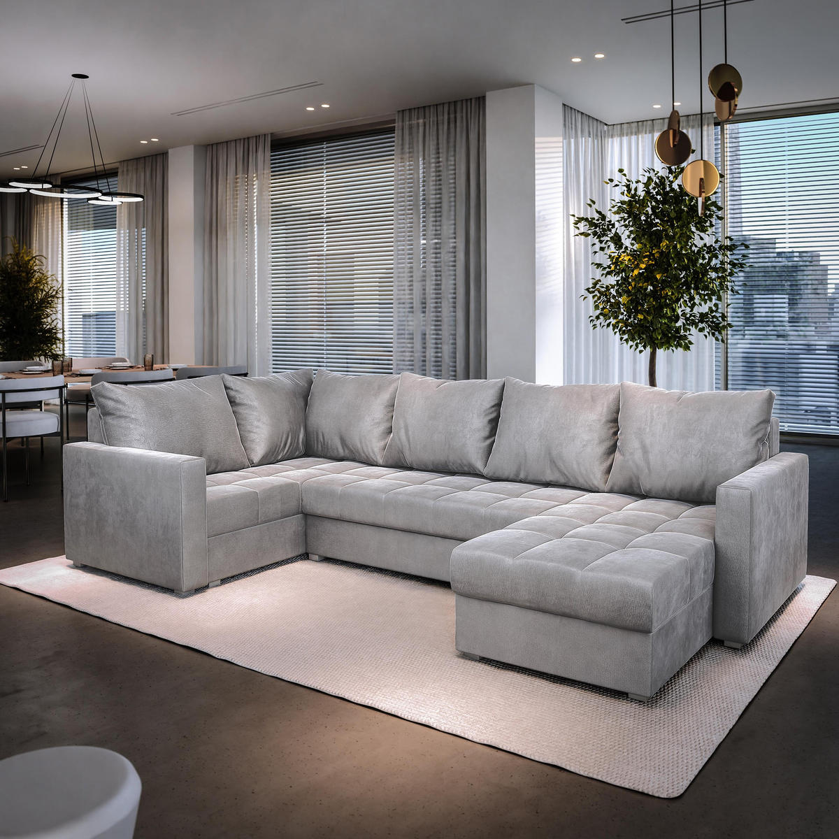 WOHNLANDSCHAFT LORIVO L-S Hellgrau Plüsch-Stoff mit Schlaffunktion - Hellgrau, Holz (285/85/150cm) - MASSENO