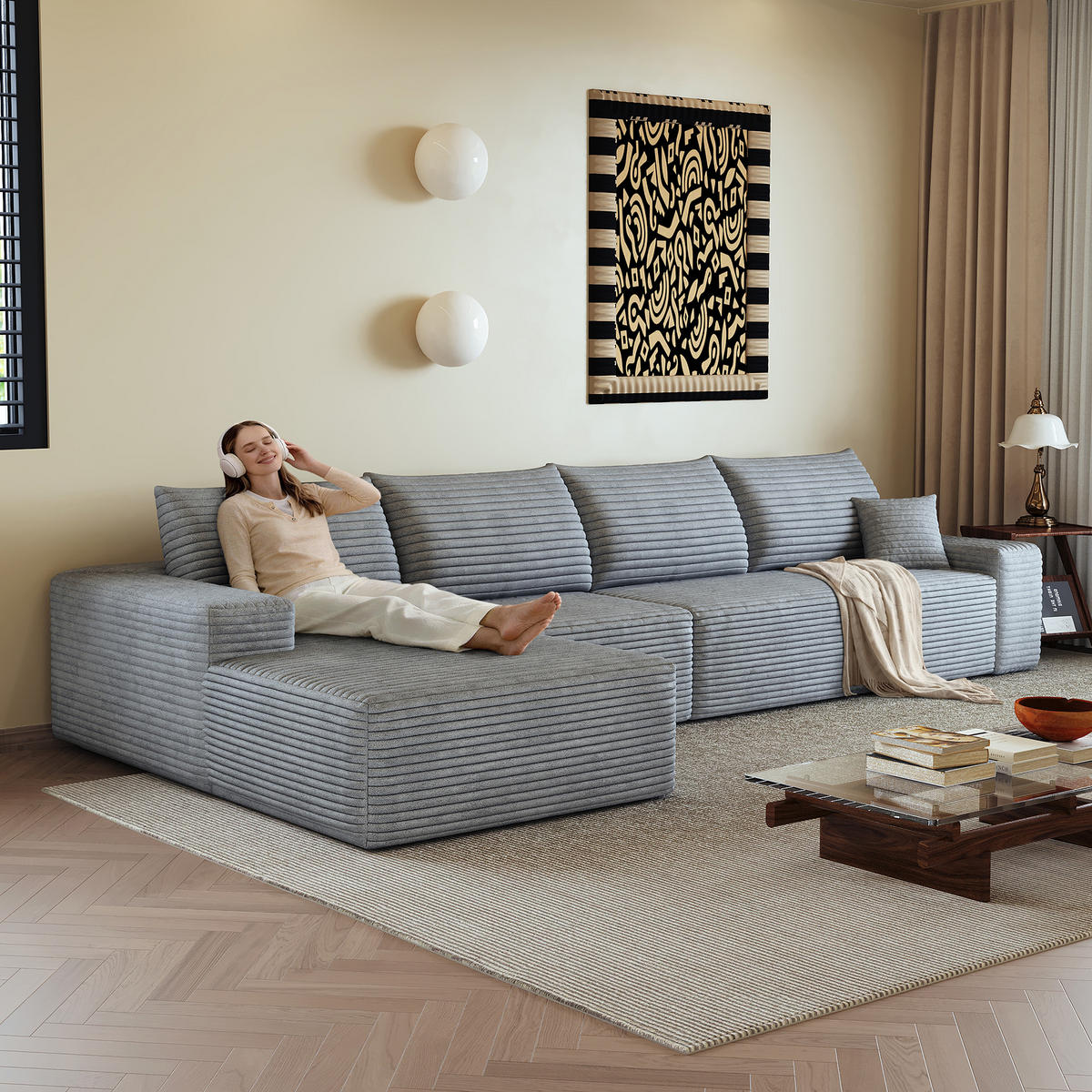 ECKSOFA 340/175/83 cm Grau mit L-förmiger Chaiselongue, Linke Seite - Grau, Textil (340/175cm) - Oxeza