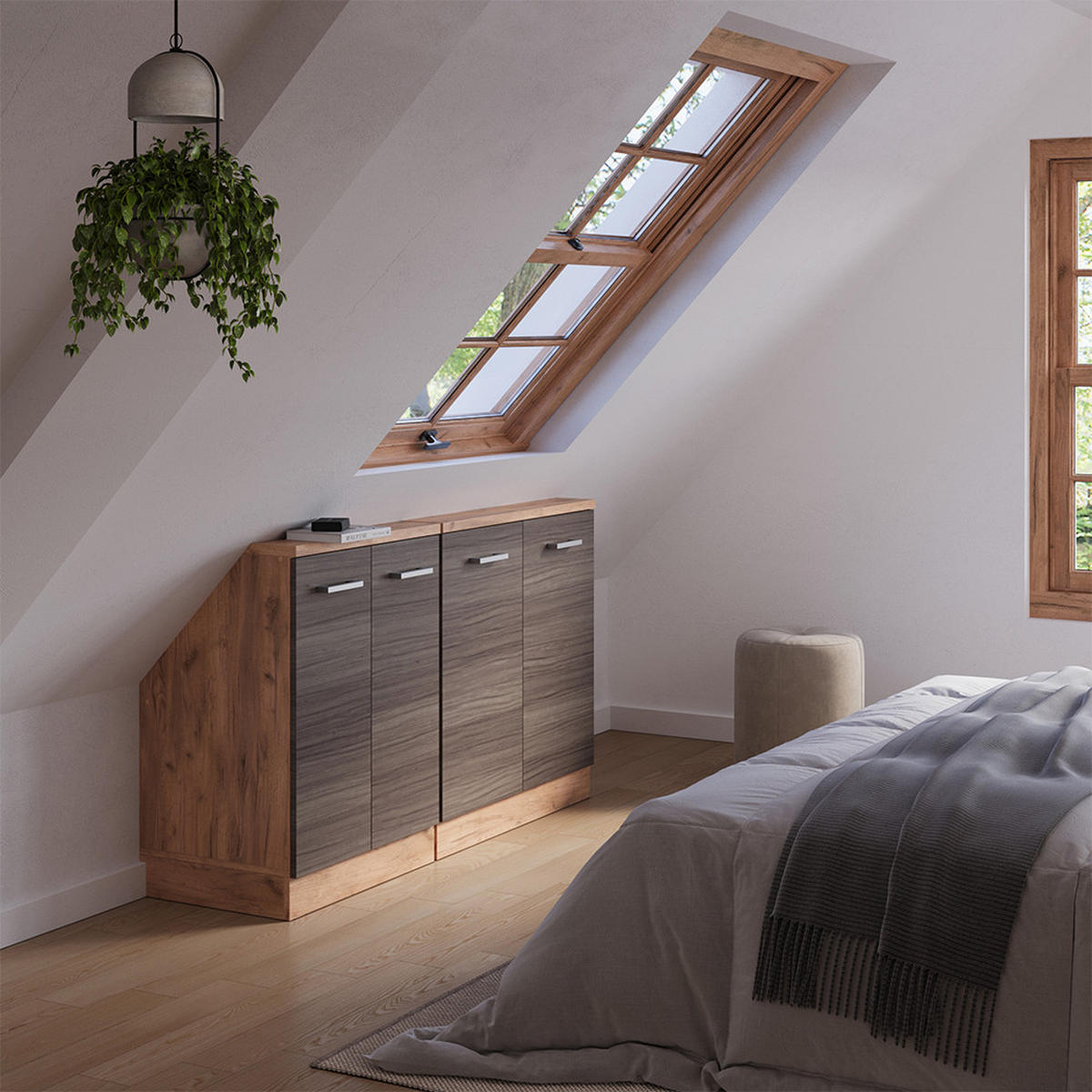 KUCHYŇSKÁ SKŘÍŇKA POD ŠIKMOU STŘECHU R-Line Ušlechtilý šedý/zlatý dub - šedá/medově dubová, kompozitní dřevo (140/81.6/46cm) - Vicco