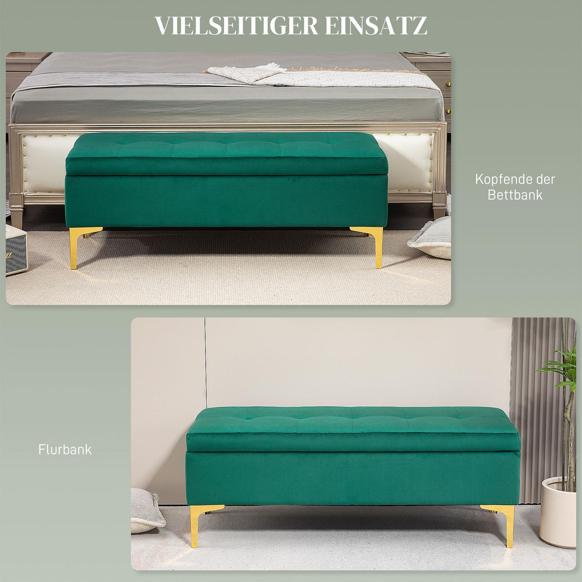 SITZBANK mit Stauraum, Polsterbank mit Samtoptik, Metallbeine, für Wohnzimmer - Goldfarben/Grün, Kunststoff/Textil (44/44.5/120cm) - HOMCOM