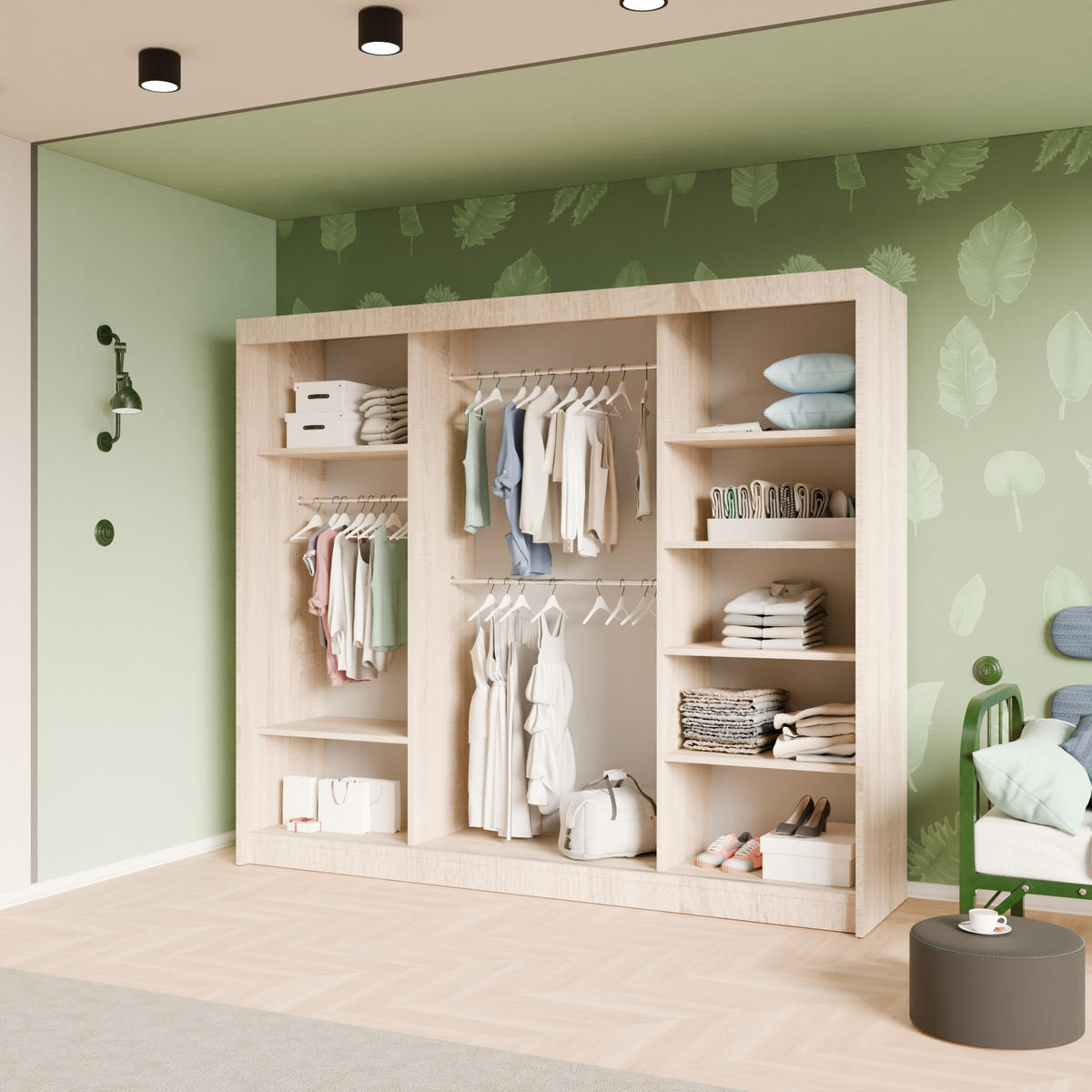 SCHIEBETÜRENSCHRANK TIPI II - Weiß/Sonoma Eiche, Holzwerkstoff (250/215/61cm) - Meblini