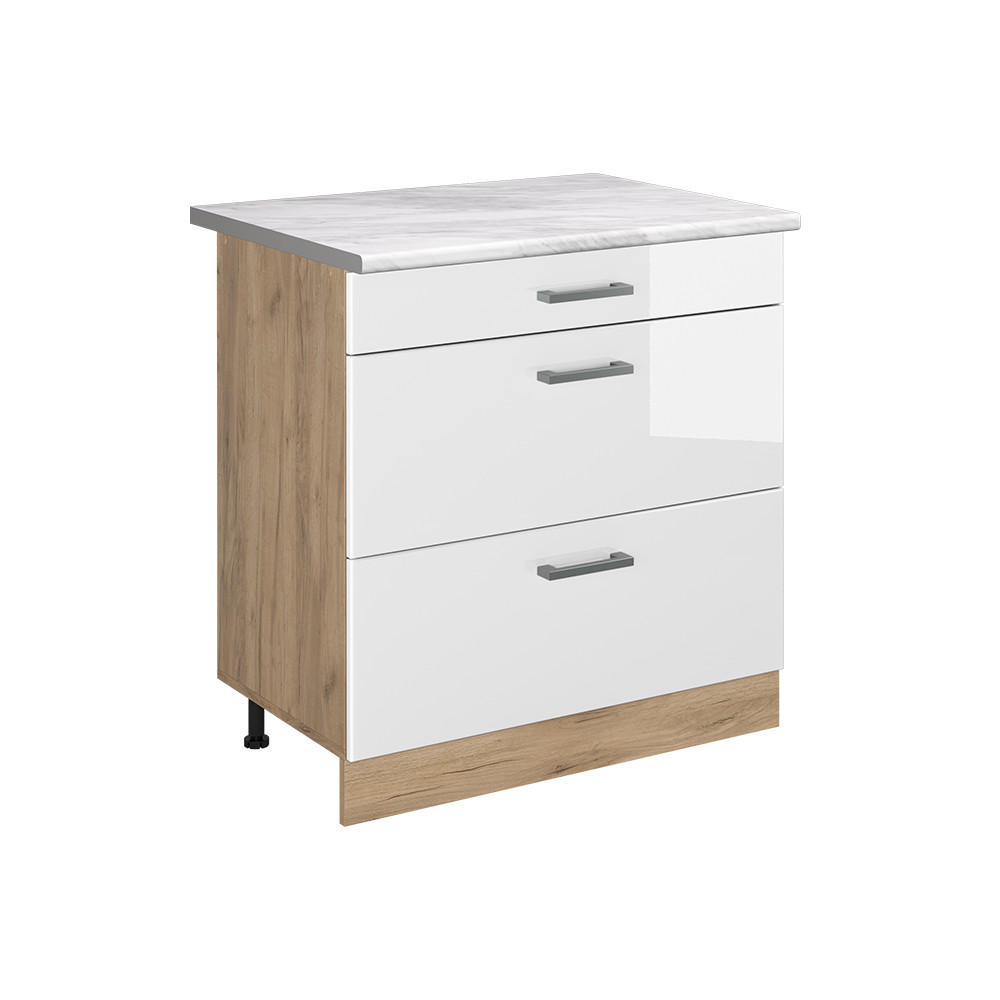 Vicco SPODNÍ SKŘÍŇKA KUCHYŇSKÉ LINKY R-Line, Bílá vysoký lesk/Zlatý mocný dub, 80 cm se 3 zásuvkami pracovná doska Mramor