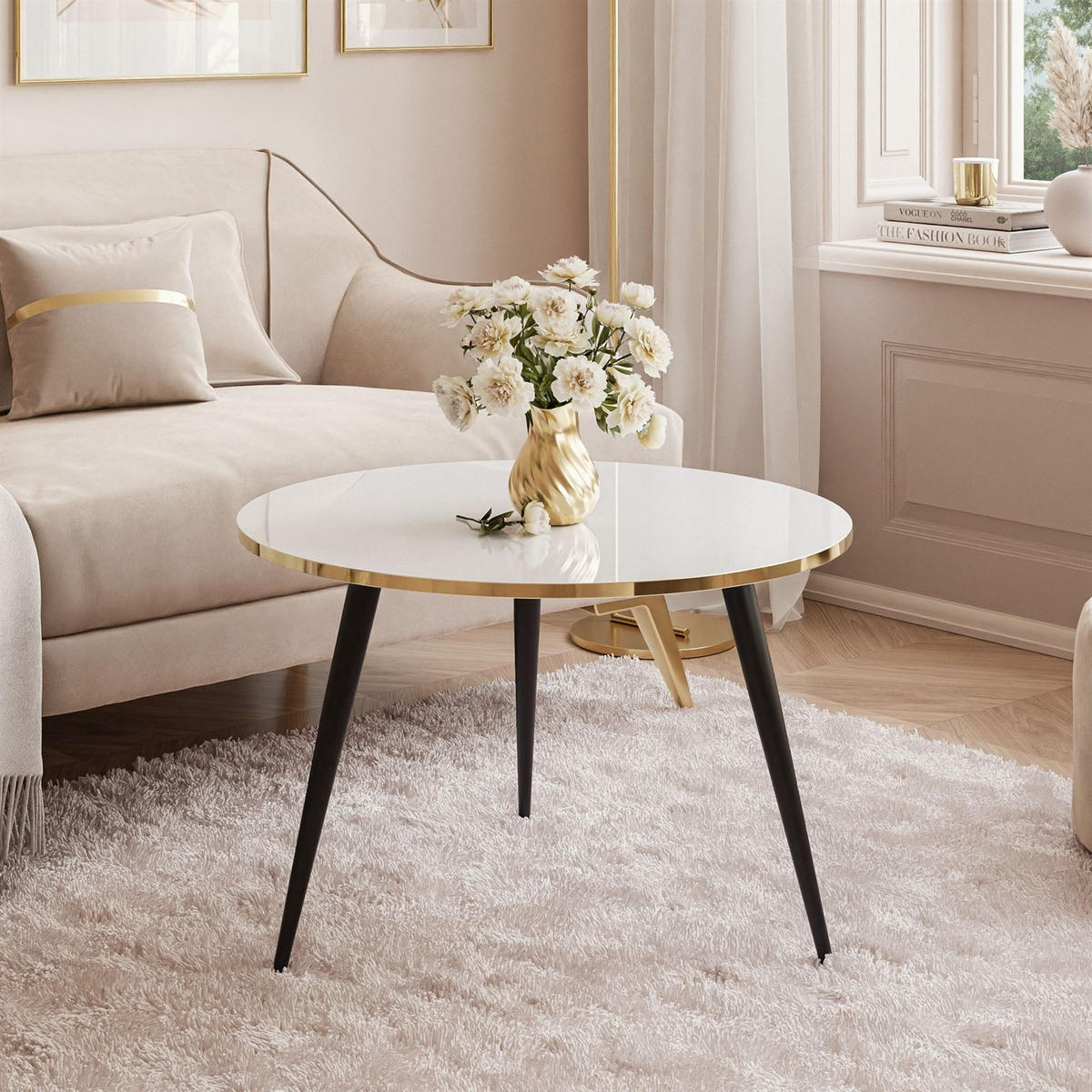 COUCHTISCH SOLEIL 2in1, rund, Hochglanz und Schwarz Beinen - Weiß, Holzwerkstoff (70/70/47cm) - Lookway