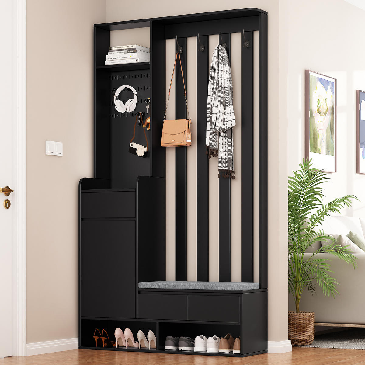 SCHUHSCHRANK aus MDF H180 & B100 & T35cm in Schwarz mit Sitzbank & Stecktafel - Schwarz, Holzwerkstoff (100/180/35cm) - Modfu