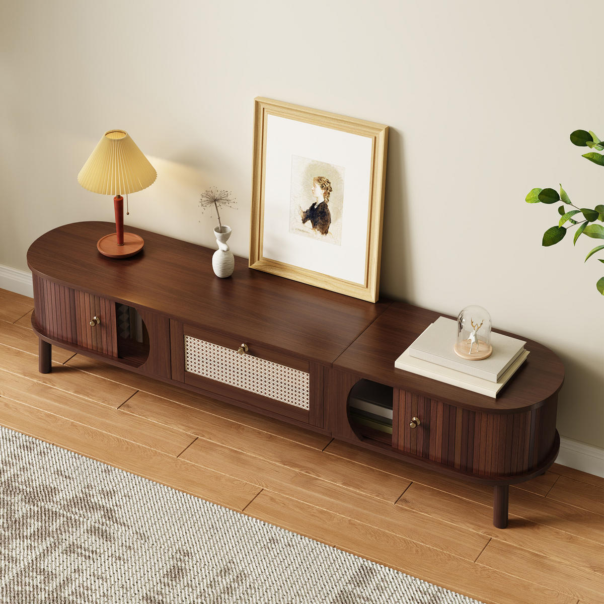 TV-SCHRANK aus Spanplatte und Rattan 170x39,5x38 cm Naturfarben/Hellgelb mit Türen und Schubladen in Bambusoptik - Eichefarben, Holzwerkstoff (170/38/39.5cm) - Modfu