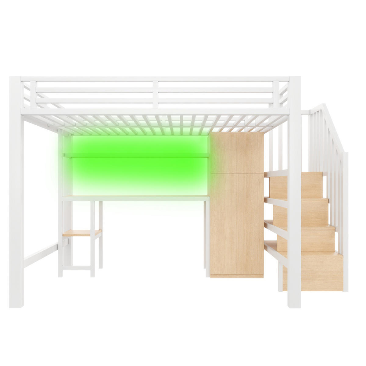 HOCHBETT Metall 140/200 cm mit Schreibtisch, Regal, Kleiderschrank und LED-Beleuchtung, Weiß - Weiß, Holzwerkstoff (140/200cm) - Redom
