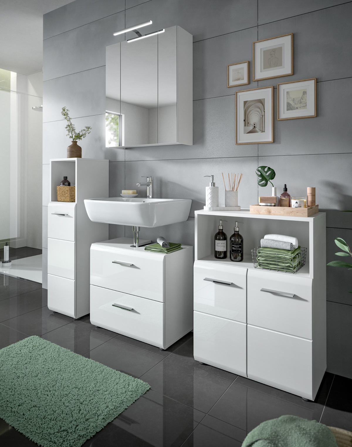 BADMÖBEL-SET weiß Hochglanz, Badkombination 2-teilig 60 cm - Weiß Hochglanz/Silberfarben, Glas/Holzwerkstoff (60/185/30cm) - Inn.Furn