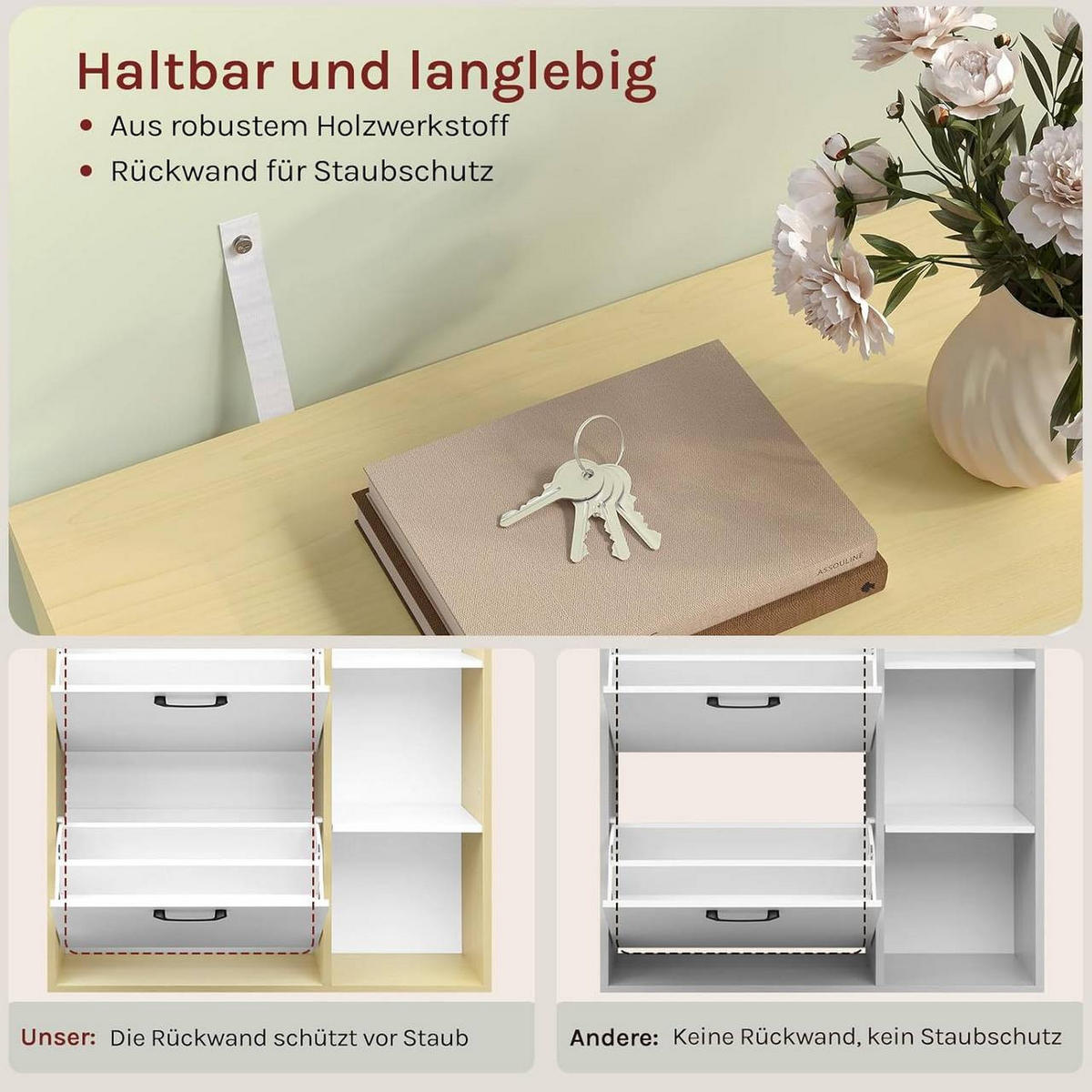 SCHUHSCHRANK mit 2 Klappfächern, Weiß+Naturholzfarbe - Weiß/Naturfarben, Holzwerkstoff/Kunststoff (80/90/30cm) - Woltu