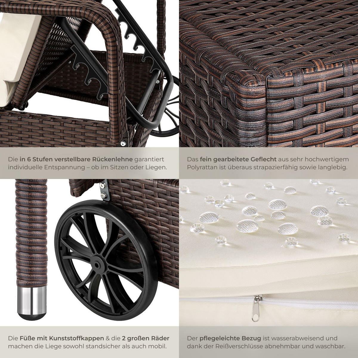 RATTAN-SONNENLIEGE, 200 x 70 x 33 cm, braun gemischt - Braun, Kunststoff (70/33/200cm) - tectake