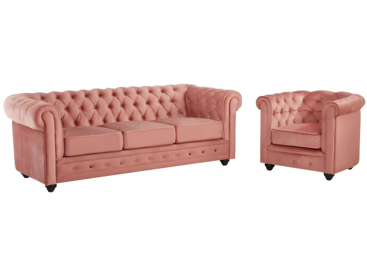 COUCHGARNITUR 3+1 - Samt - Rosa - CHESTERFIELD - Pink, Textil (88/72/205cm) - Vente-Unique
