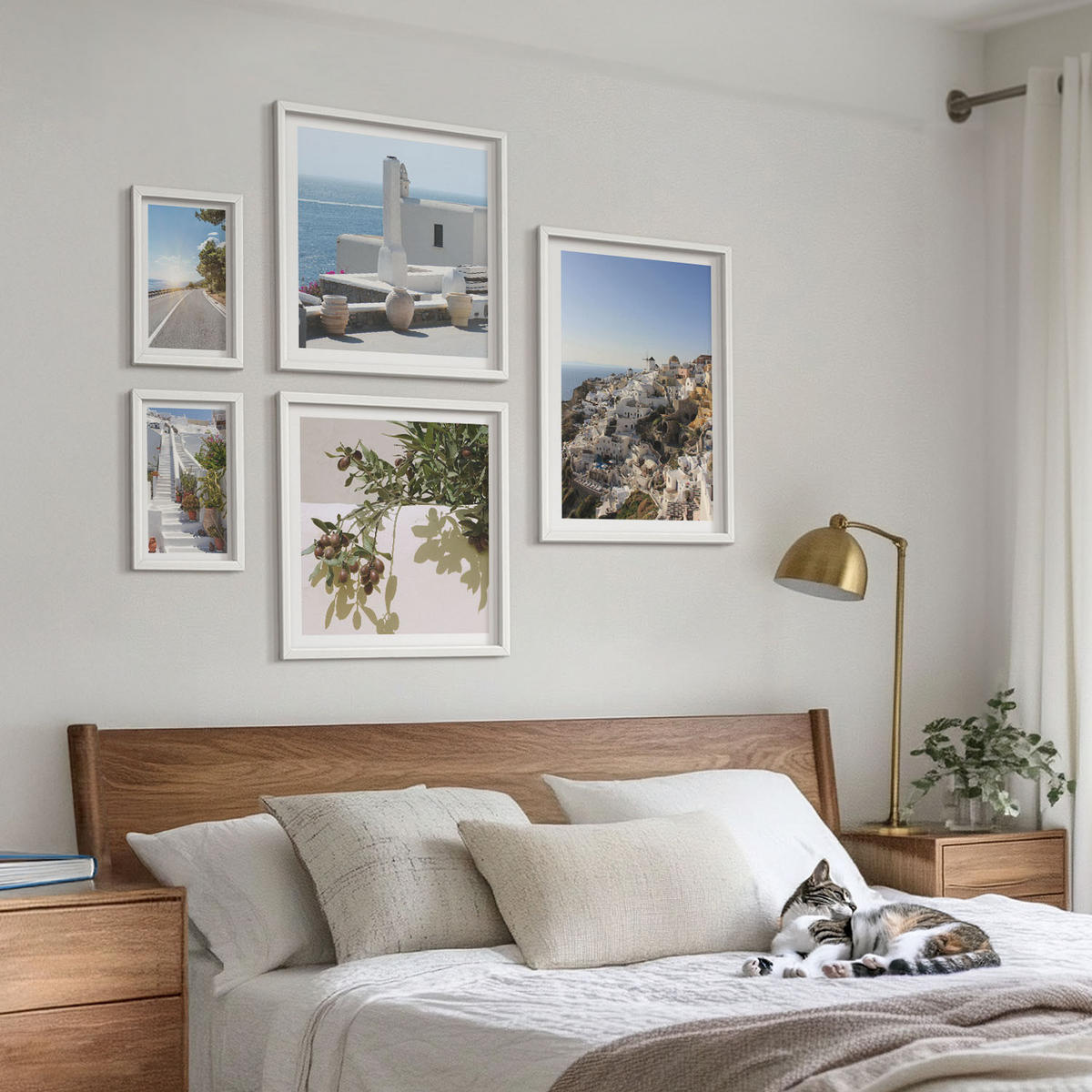 BILDER SET 5er Set - 50x50 cm & 20x30 cm & 40x60 cm Weißer Rahmen - Weiße Treppe mit Blick auf Santorini - Weiß, Kunststoff (40/60cm) - TULUP