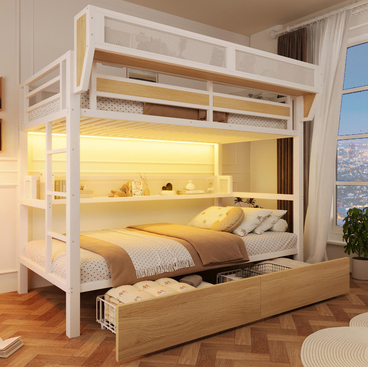 HOCHBETT aus Metall und MDF 90x200 cm Weiß mit 2 Schubladen, Regal, Aufbewahrungskorb und LED-Licht - Weiß, Holzwerkstoff (90/200cm) - Modfu