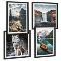 BILDER SET 4er Set - 50x50 cm & 40x60 cm Schwarzer Rahmen - Berge, Seen, Wasserfall, Wolf - Schwarz, Kunststoff (50/50cm) - TULUP