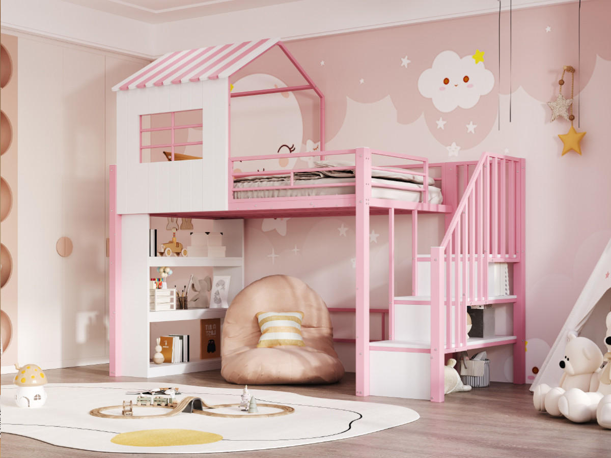 HOCHBETT 90/200 cm in Pink mit Stauraum, Treppe und Regal aus MDF und Metall - Rosa, Holzwerkstoff/Metall (90/200cm) - CHICFURN