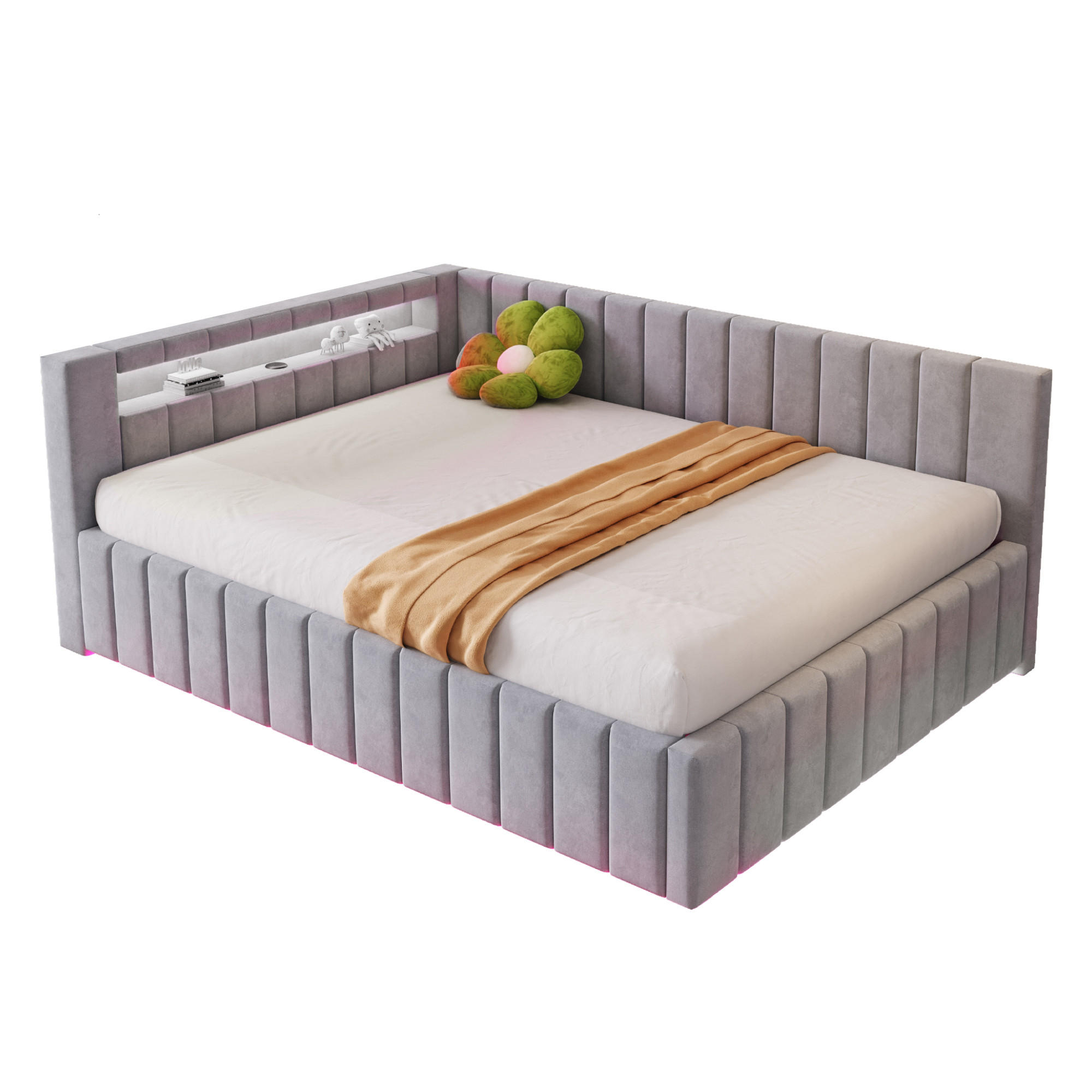 WISHDOR ČALOUNĚNÁ POSTEL 140x200 cm ve Světle Šedém Sametu s Úložným Boxem, LED a USB