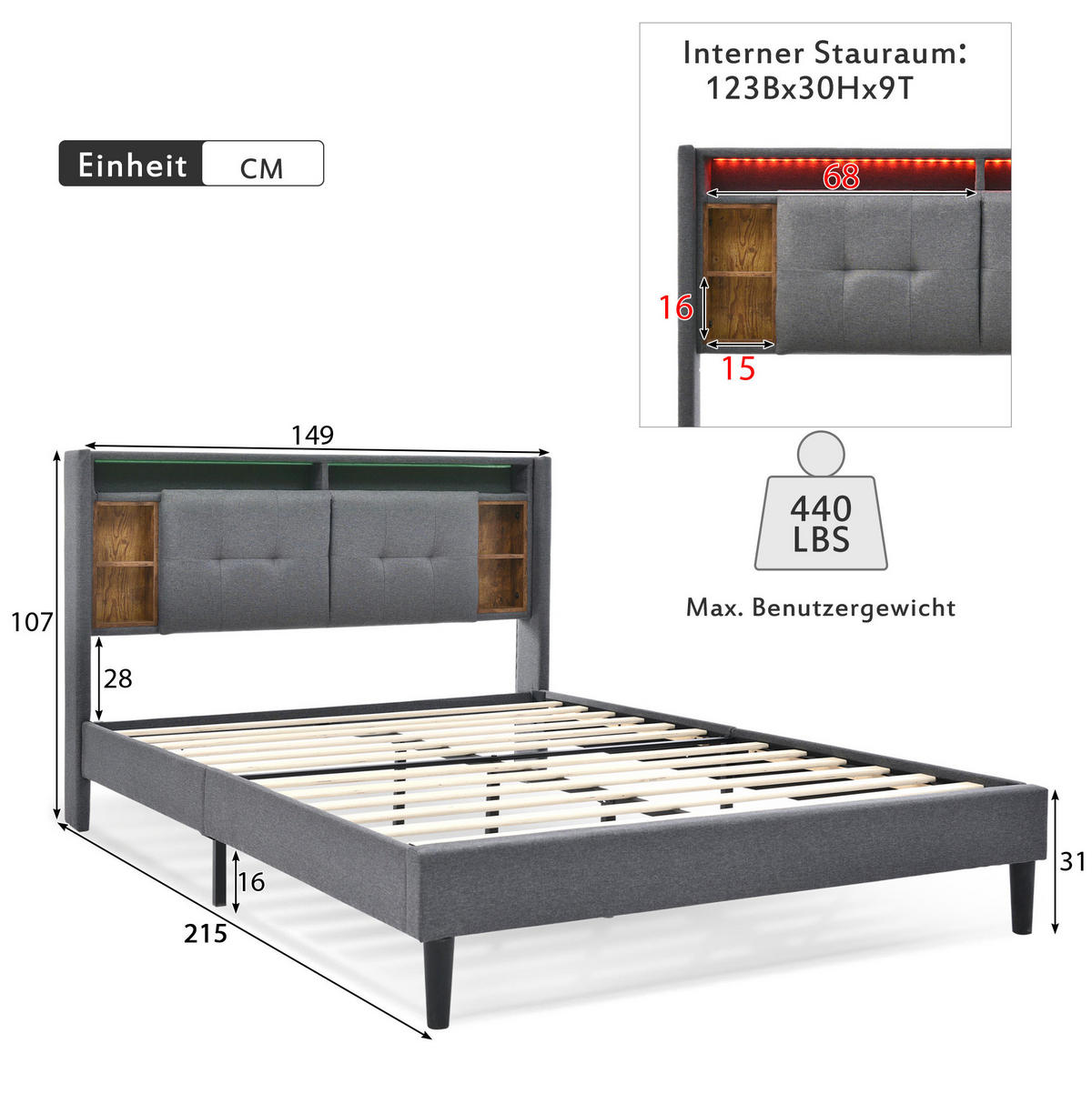 BETT mit Stauraum-Kopfteil USB und LED 140x200 cm Grau - Grau, Holz (140/200cm) - Meubliv