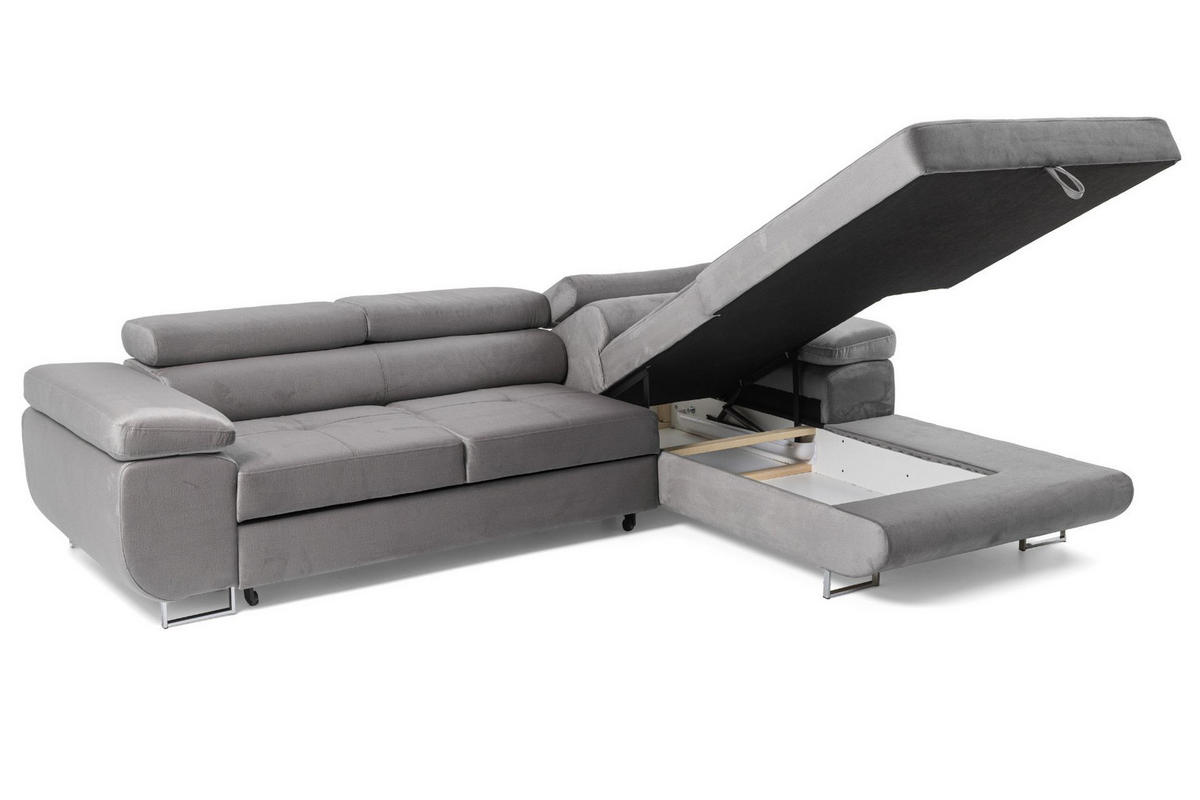 ECKSOFA ALONZO L Rechts mit Schlaffunktion 125x195 Velours Grau - Silberfarben/Grau, Holz/Textil (203/275cm) - Muffo