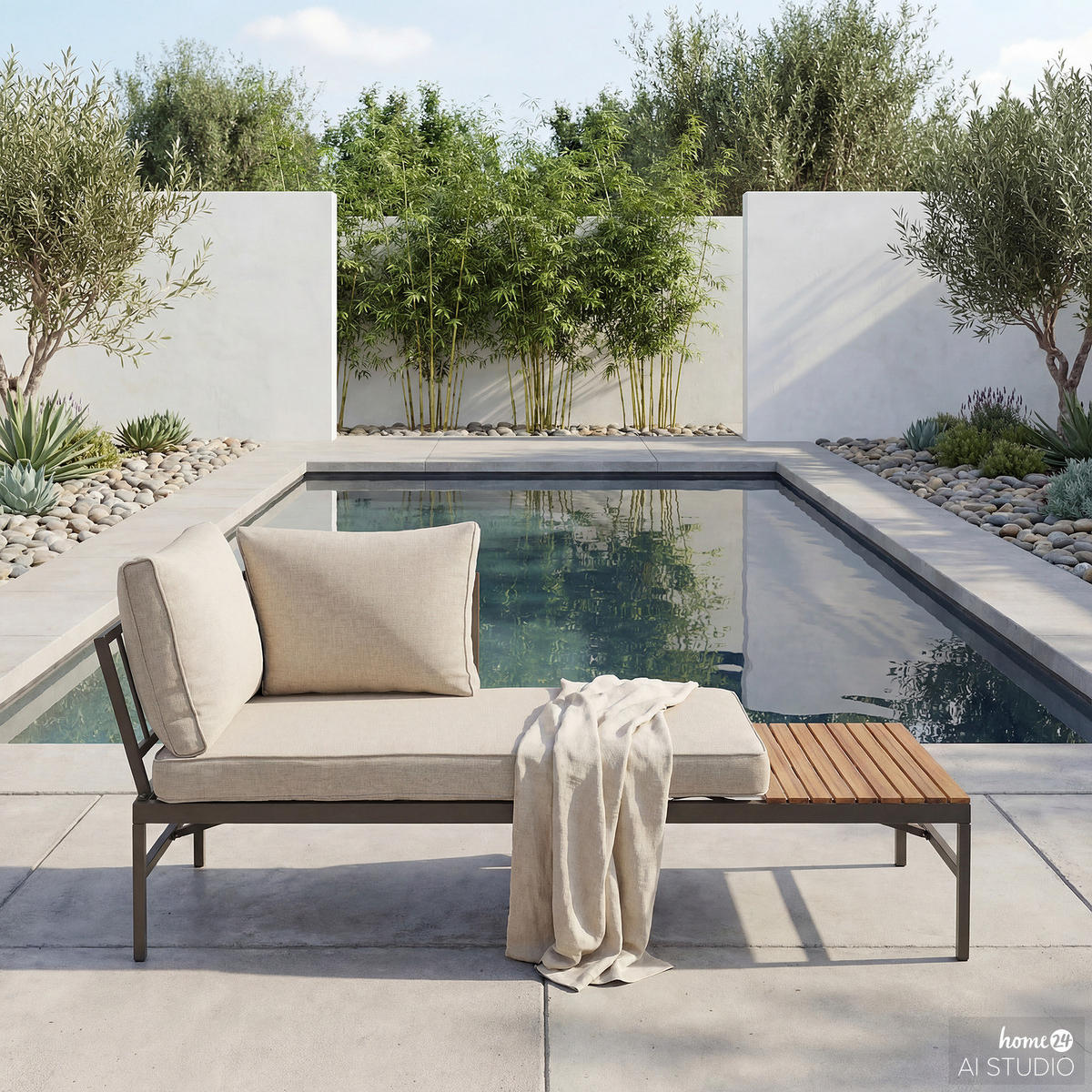 LOUNGESET - 3-teilig - Webstoff / Akazie massiv - Beige / Akazie Braun - Beige, Holz/Textil - home24