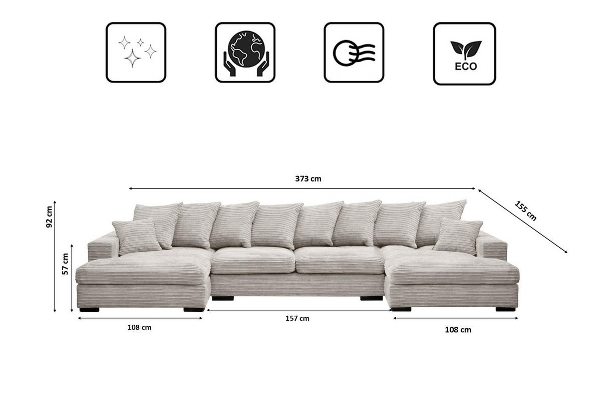 ECKSOFA mit Schlaffunktion und Bettkasten Couch U-form Gabon Stoff Zoom Perle - Beige, Holz (373/155cm) - Kaiser Möbel