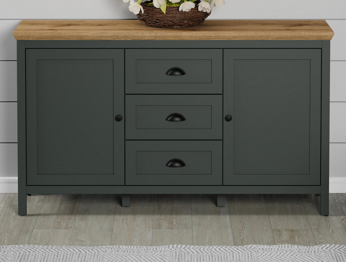 SIDEBOARD grün, Evoke Eiche Landhaus 146 x 86 cm, Kommode für Wohn- und Esszimmer - Eichefarben/Schwarz, Holzwerkstoff/Kunststoff (146/86/45cm) - Top.Furn