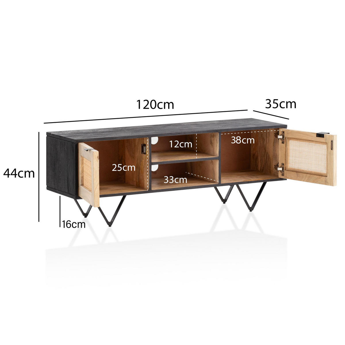 LOWBOARD Mango Massivholz Rattan Modern Stil 120x44x35 cm mit zwei Türen und Kabeldurchlass - Schwarz, Holz/Metall (120/44/35cm) - KADIMA DESIGN