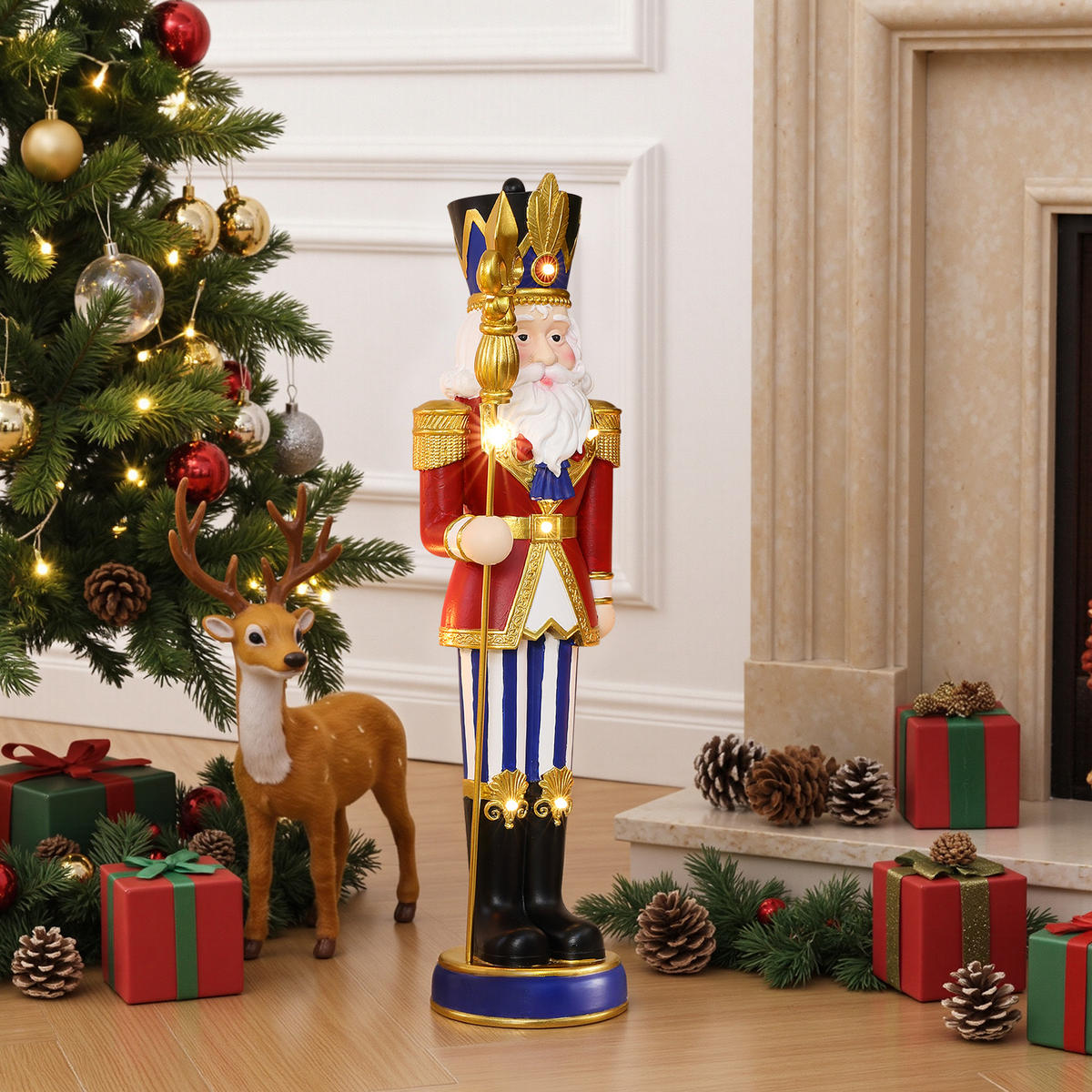 NUSSKNACKER Figur groß 61 cm, Weihnachtsdeko mit LED, Timer, MgO - Dunkelrot, Naturmaterialien (19.5/61/16.5cm) - Hometopia