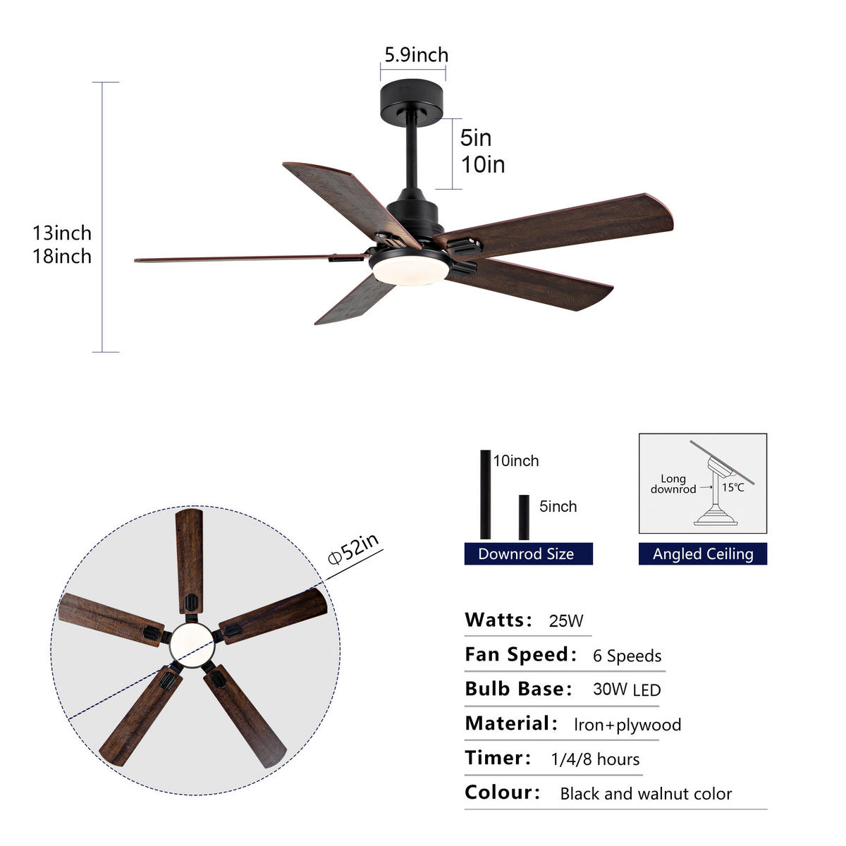 DECKENVENTILATOR DE-16258 52 Zoll mit Fernbedienung & 3 Farben Schwarz - Walnussfarben, Holz/Metall (132/132/45cm) - ComfortXL