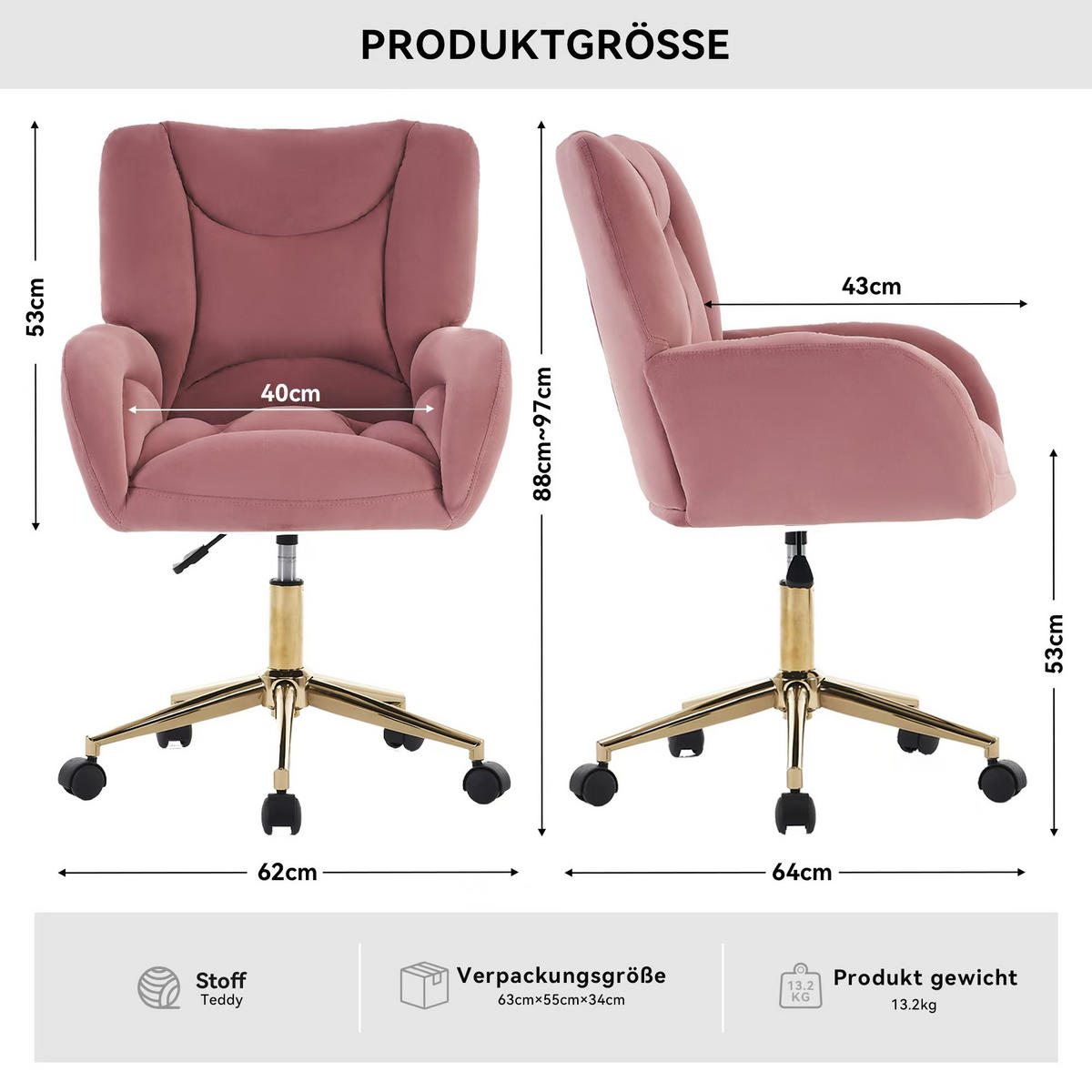 DREHSTUHL Samt höhenverstellbar und 360° drehbar 64/62/92.5 cm Rosa - Rosa, Textil (62/92.5/64cm) - Redom