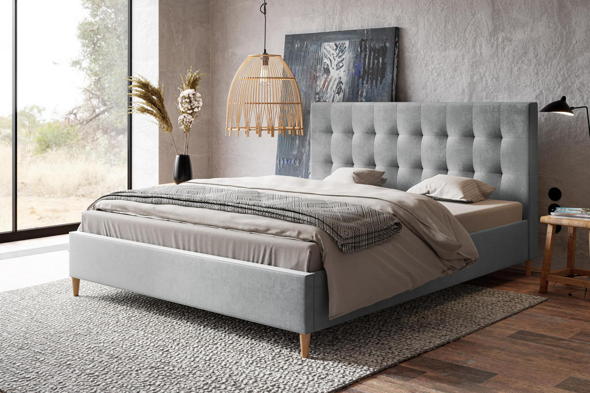 POLSTERBETT LUX Rio mit Kopfteil, 160 x 200 cm, Doppelbett mit Lattenrost aus Holz, Velourstoff Grau, Füße in Farbe: Braun - Grau, Holz/Textil (160/200cm) - Alpi-Möbel