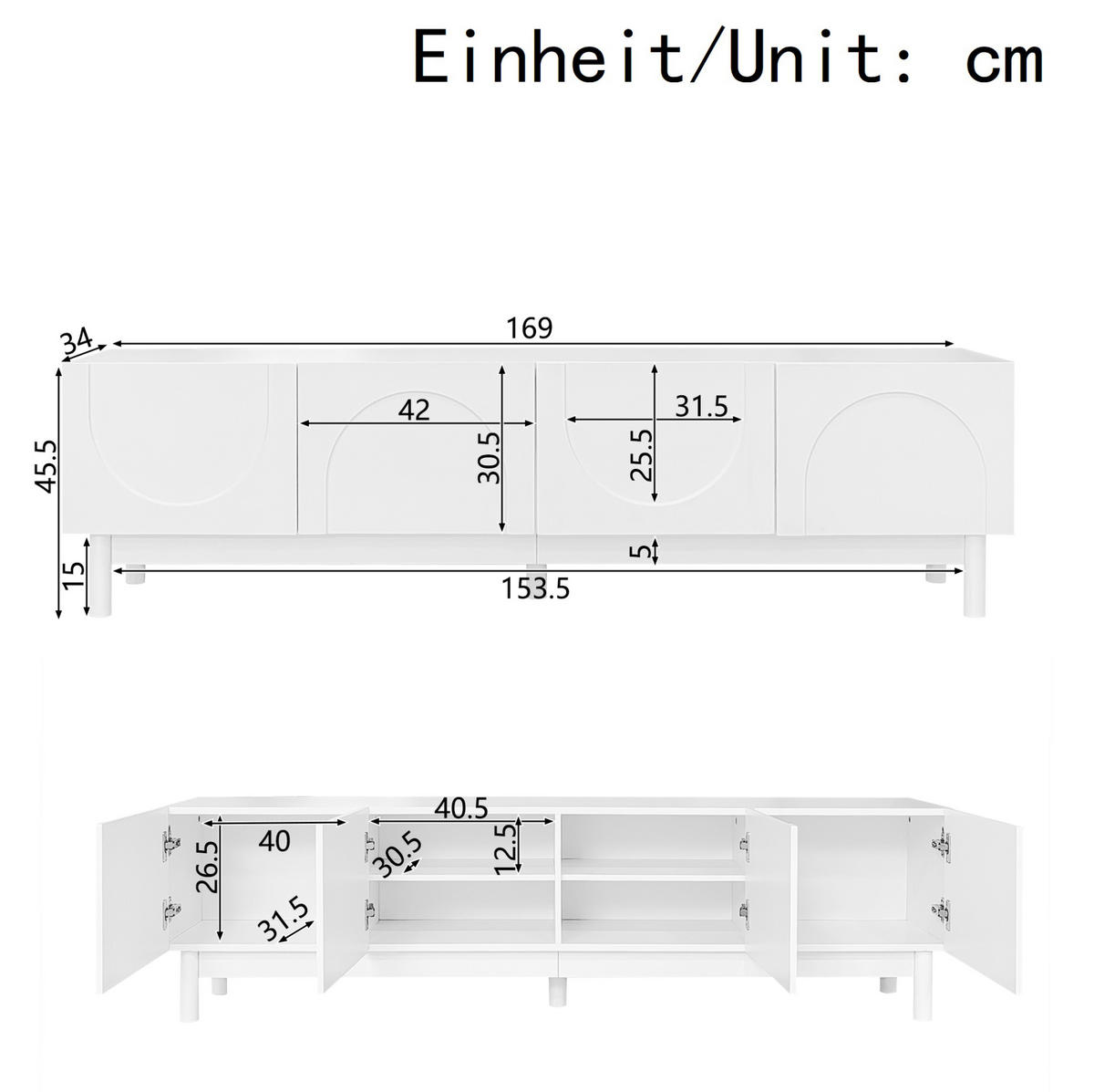 LOWBOARD 169/34/45.5 cm Weiß aus MDF und Spanplatte mit grifflosem Design - Weiß, Holzwerkstoff (35/45.5/169cm) - OKMYHOME