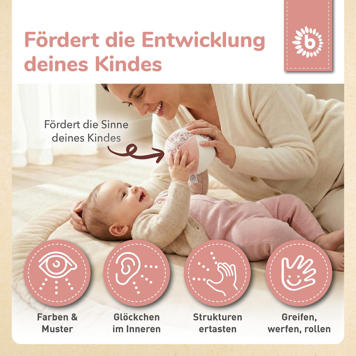 SOFTBALL mit Rassel, Ella Ø 10 cm Stoffball Baby - Rosa, Textil (10/10cm) - Bieco Spielwaren