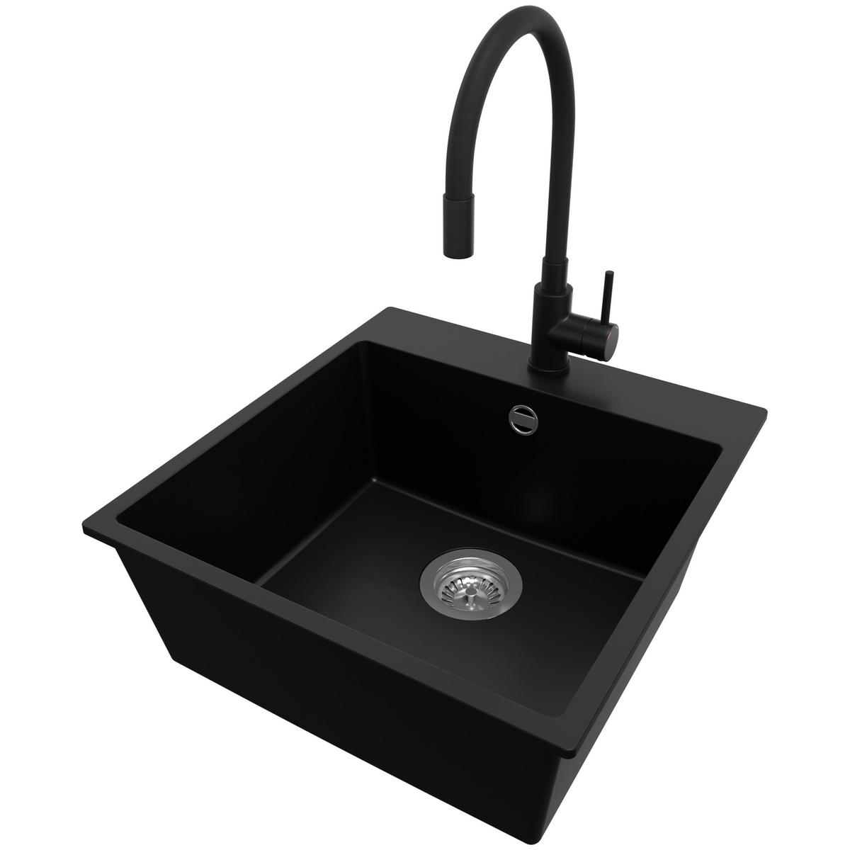 GRANITSPÜLE Riga, 2-er set Schwarz 48/50 cm 1 Becken + Küchenarmatur 40/38 cm + Ablauf-Set ab 50er Unterschrank - Chromfarben/Schwarz, Kunststoff (48/20/50cm) - Primagran