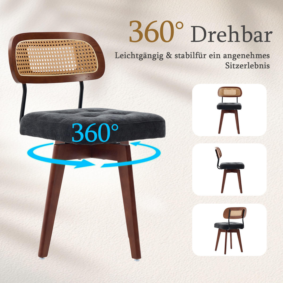 ESSZIMMERSTUHL 2er Set 360° drehbar, Wiener Geflecht, Chenille, Massivholz, Schwarz - Walnussfarben/Schwarz, Holz/Textil (43/77/50cm) - LVHOM