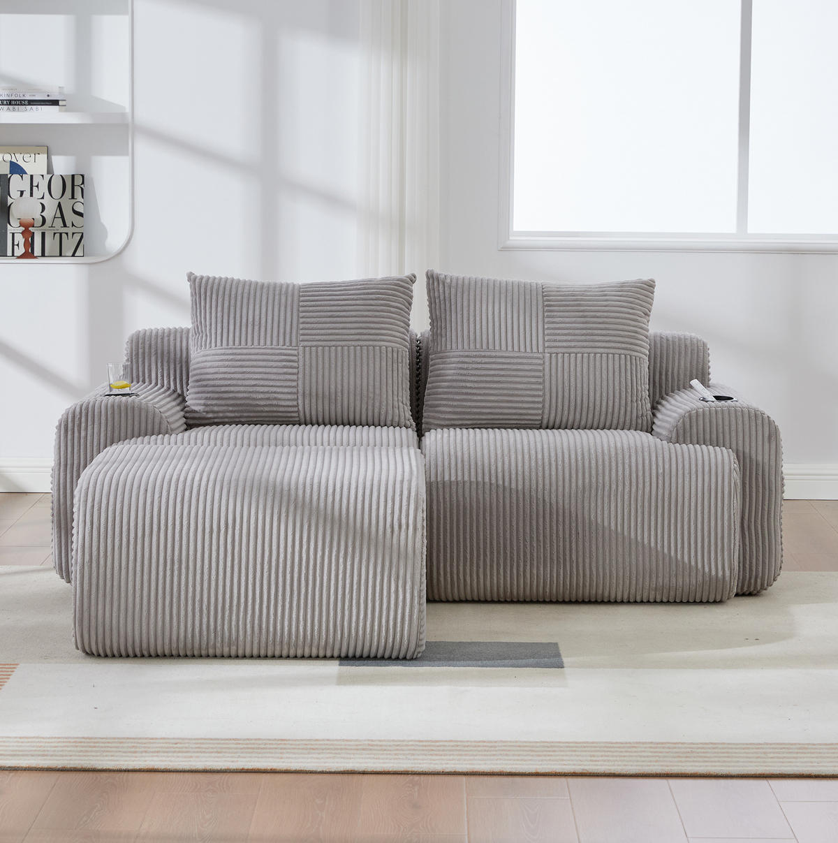 MODULARES 2-Sitzer Sofa Cordstoff mit Getränkehalter und Seitentasche 200/174/80 cm Hellgrau - Hellgrau, Textil (174/200cm) - Redom