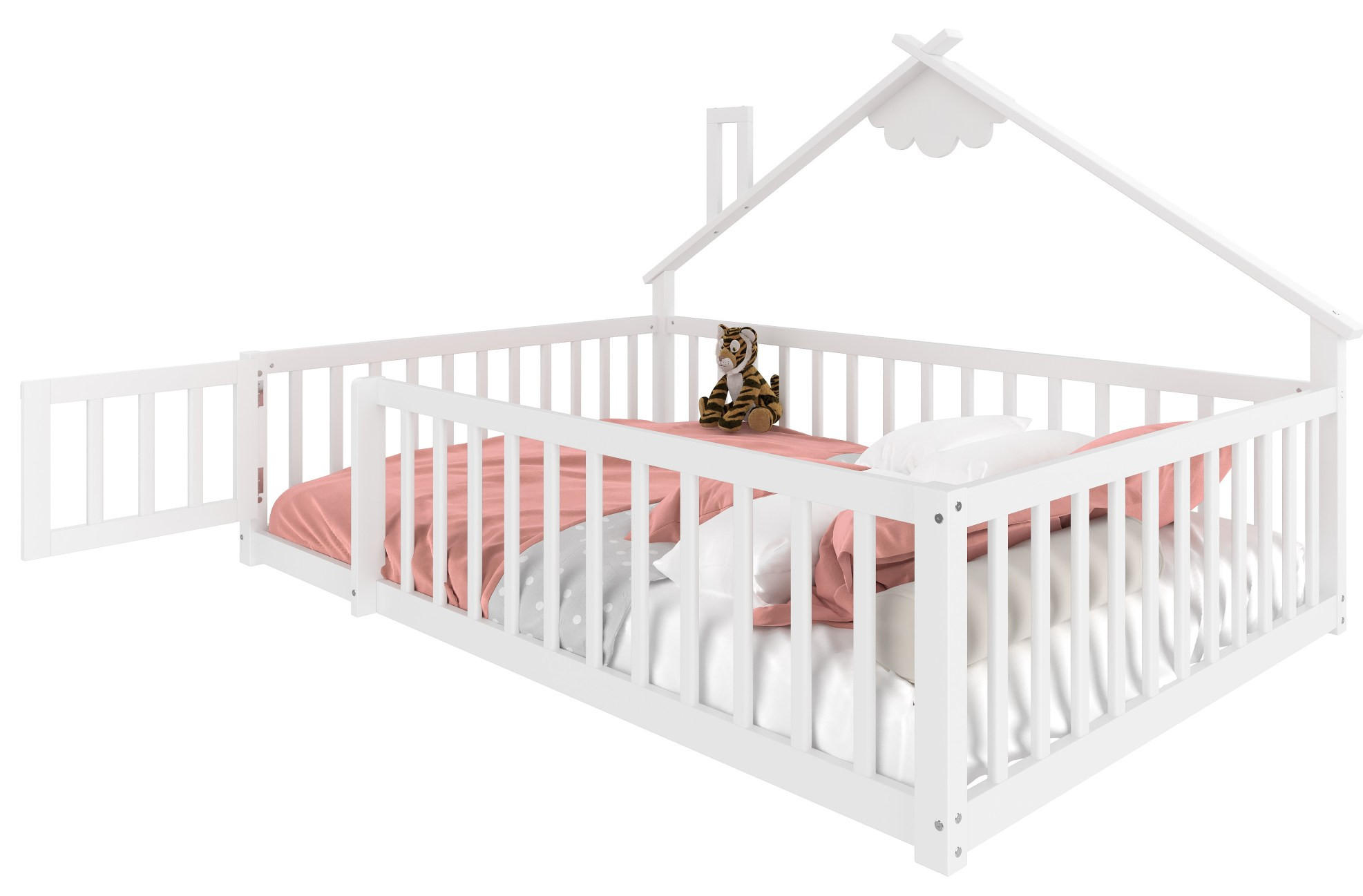 KINDERBETT 140/190 cm im Hausdesign mit Schutzgeländer und Verschluss, MDF, Weiß - Weiß, Holzwerkstoff (140/190cm) - Redom
