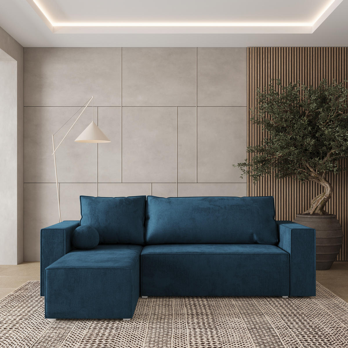 ROHOVÁ SEDAČKA RAVELO modrá - šedá/modrá, dřevo/textil (240/140cm) - MASSENO