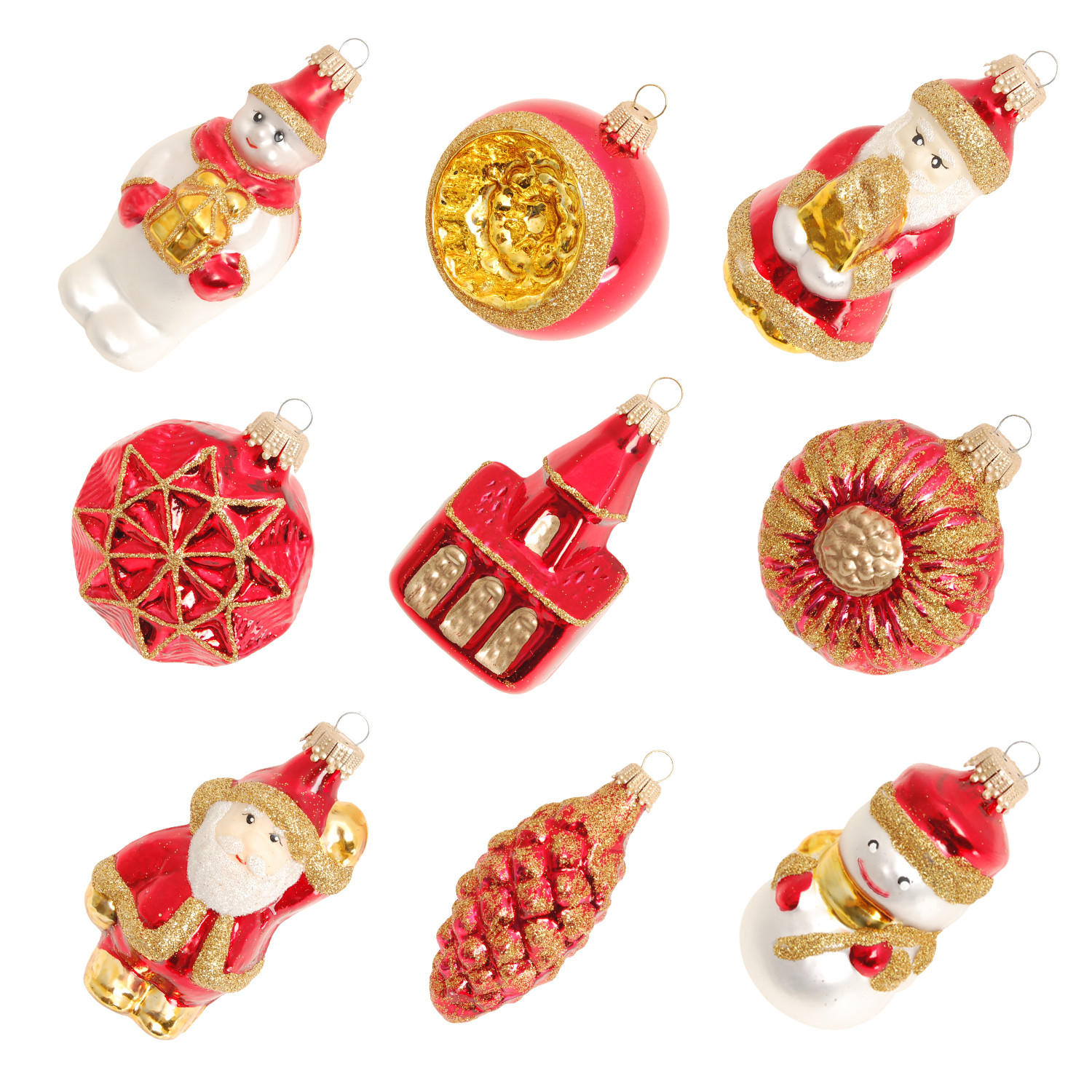 CHRISTBAUMSCHMUCK Formen- und Figuren-Sortiment Rot 9cm (Glas / 9 Stk.) - Rot, Glas (6/9/5cm) - Krebs Glas Lauscha