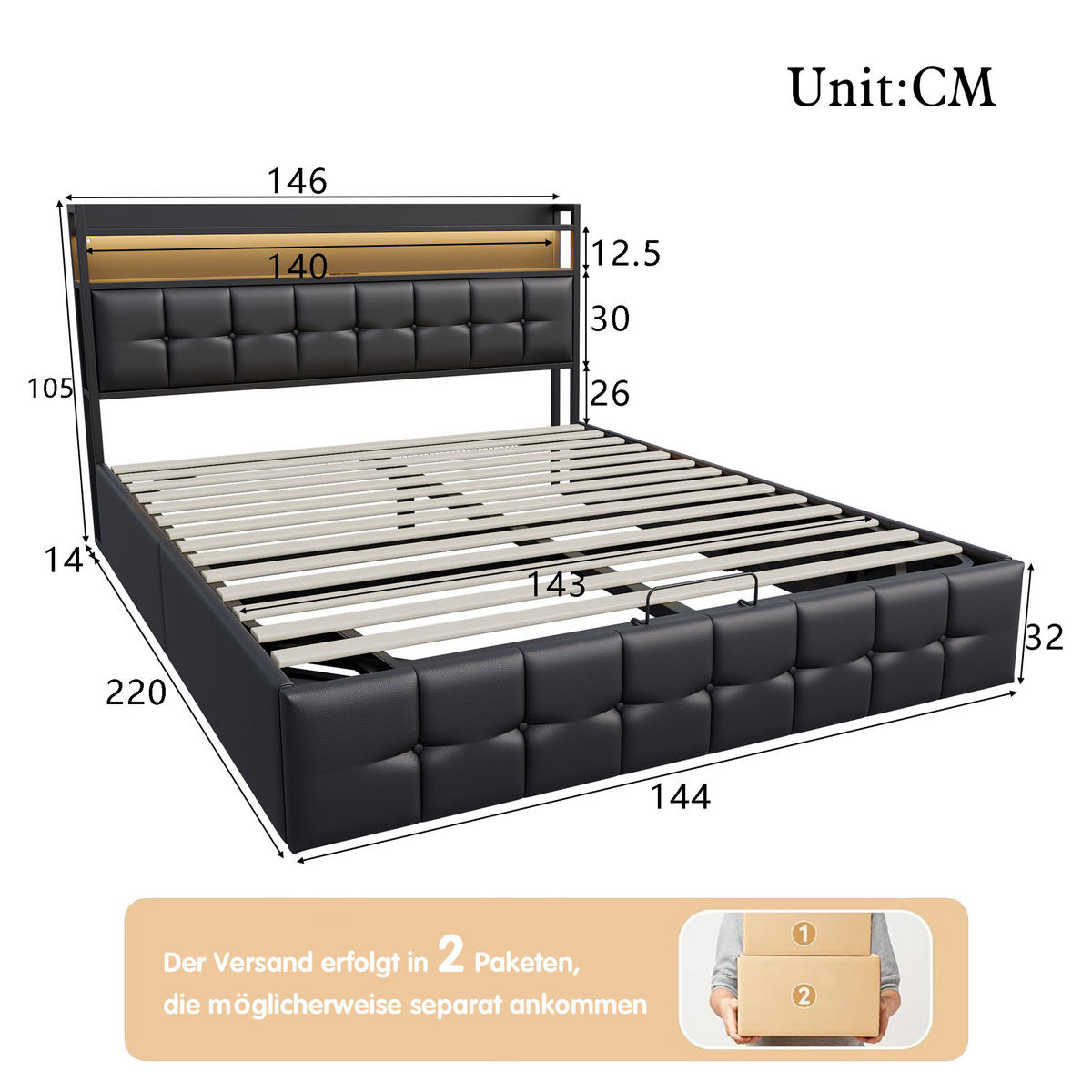 POLSTERBETT 140x200 cm Grau Leinen LED USB Typ-C - Grau, Metall (140/200cm) - SHOPENTRA