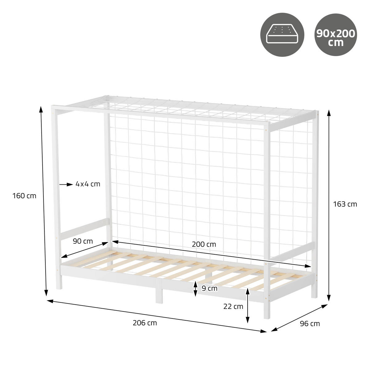 KINDERBETT Fußballtor mit Matratze 90x200 cm Weiß - Weiß, Holz (90/200cm) - ML-DESIGN