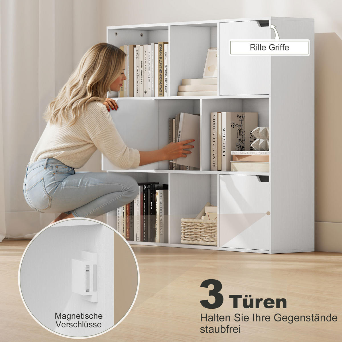 BÜCHERREGAL, 9 Würfelfächer, 3 Türen, 6 offene Regale, Weiß - Weiß, Holzwerkstoff (24/95/106cm) - HOMCOM
