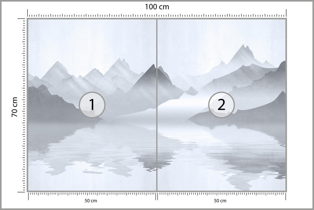 FOTOTAPETE für Wohnzimmer Aquarell Graue Berge See 100x70 - Weiß/Grau, Papier (100/70cm) - Muralo