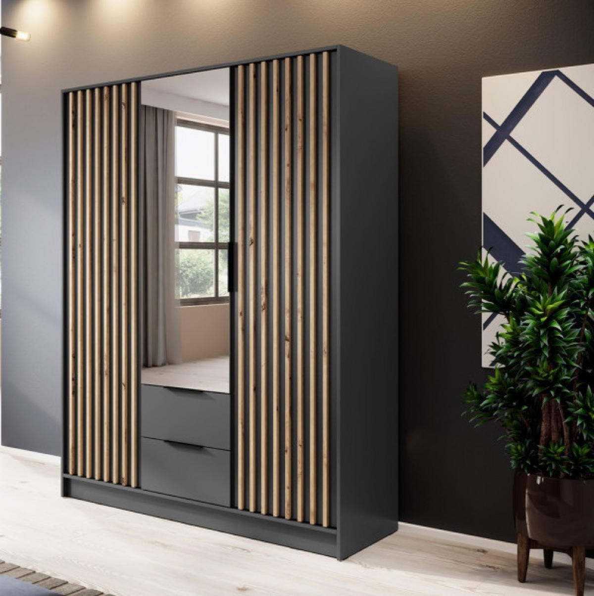SCHRANK Grafit KELLY Mit Lamellen Und Spiegel 155 cm - Transparent/Graphitfarben, Holzwerkstoff (155/200/51cm) - Sepro Meble