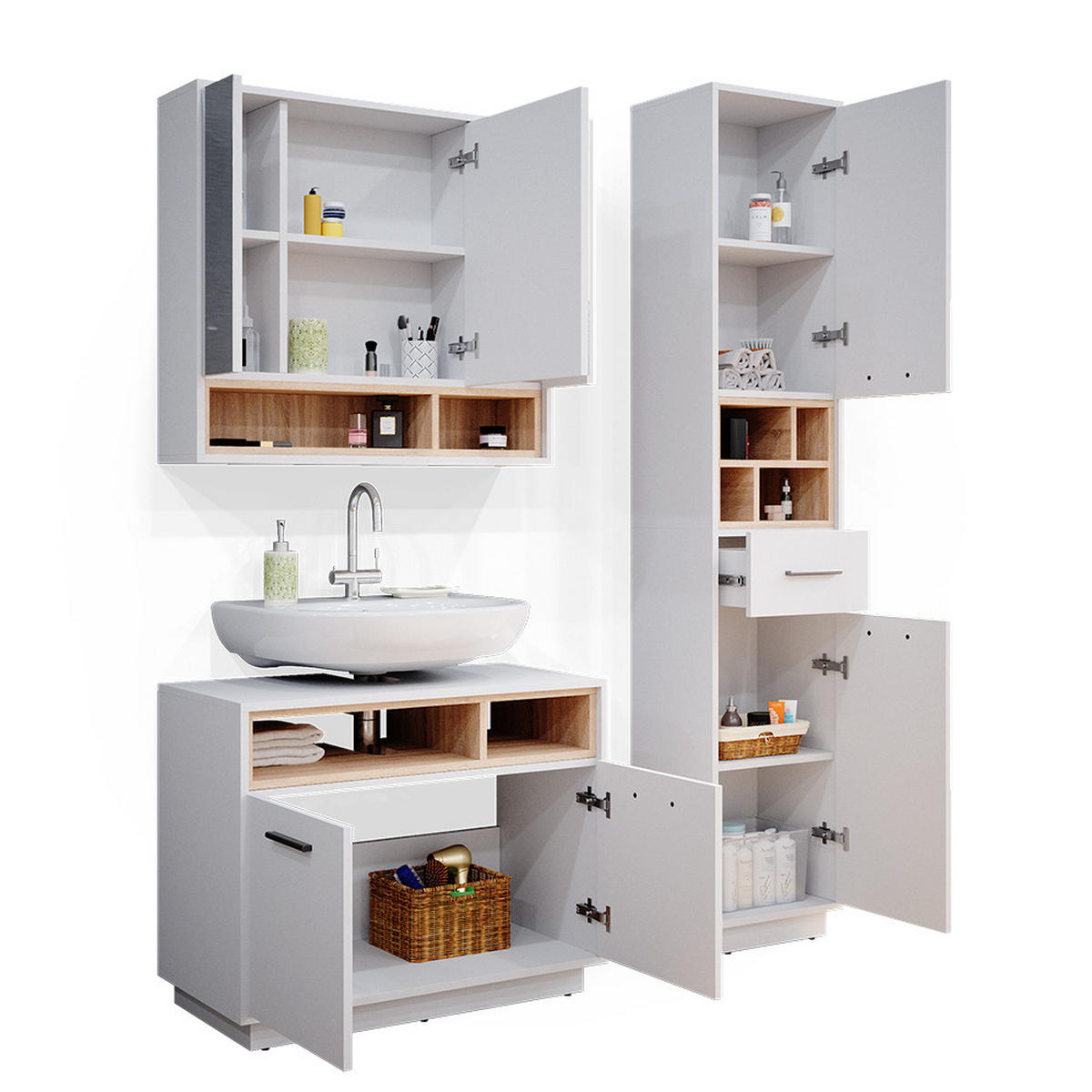 BADMÖBEL-SET Beatrice Weiß 3 Teile, mit Hochschrank - Weiß/Sonoma Eiche, Holzwerkstoff (80/64/40cm) - Vicco